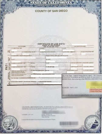 加州圣地亚哥出生纸翻译件样本，加州政府二级认证